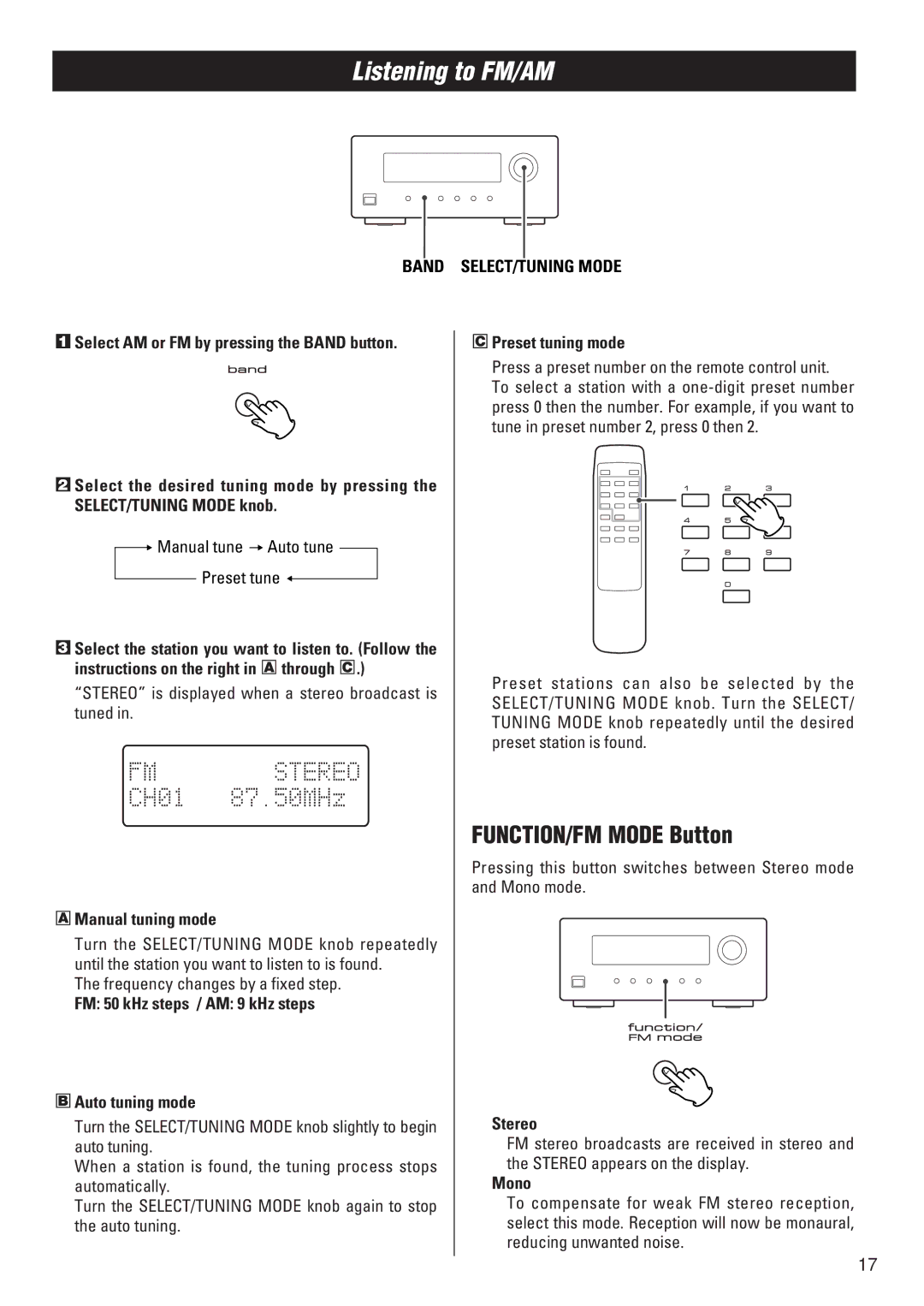 Teac T-H300DAB owner manual Listening to FM/AM, FUNCTION/FM Mode Button 