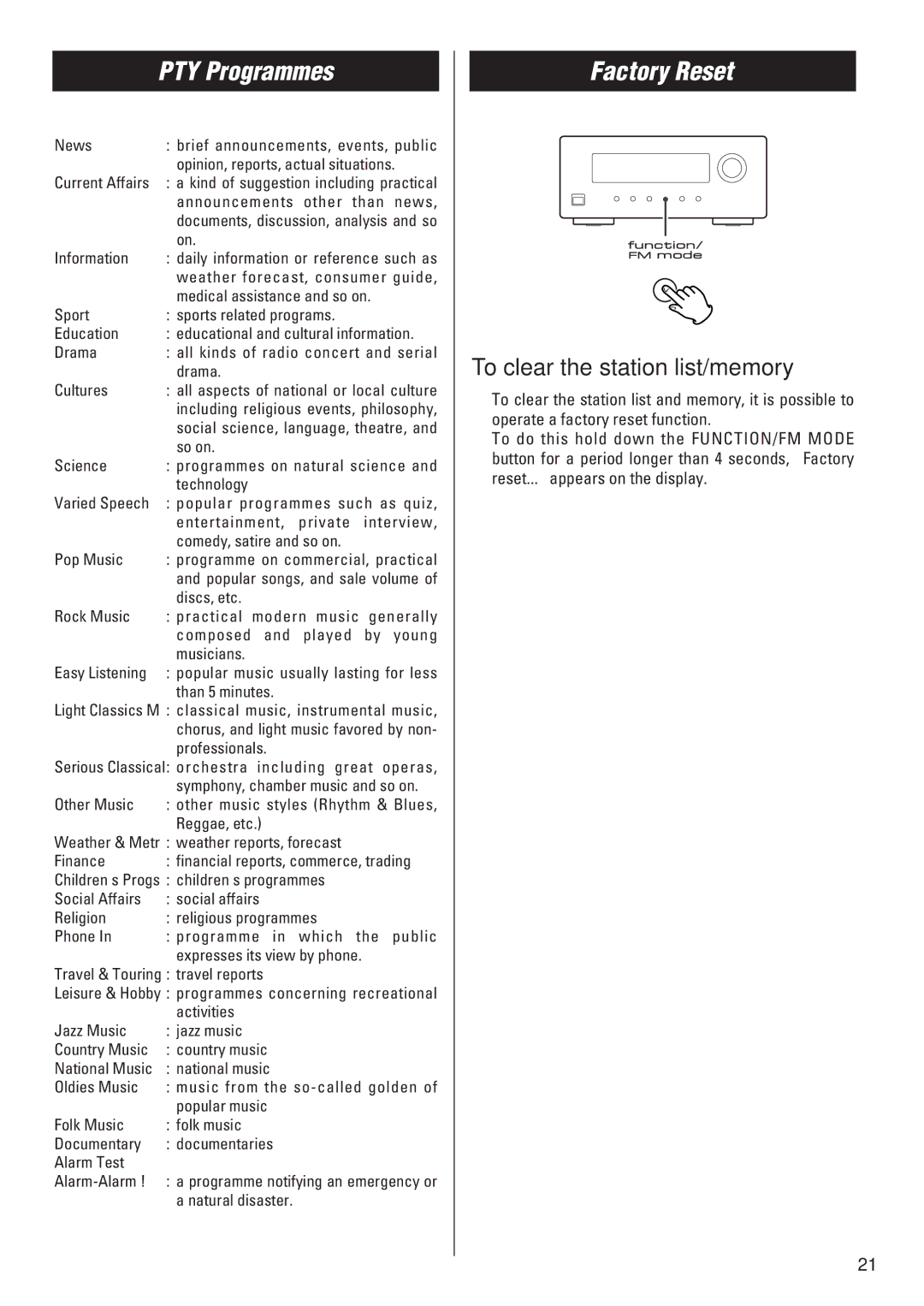 Teac T-H300DAB owner manual PTY Programmes, Factory Reset, To clear the station list/memory 