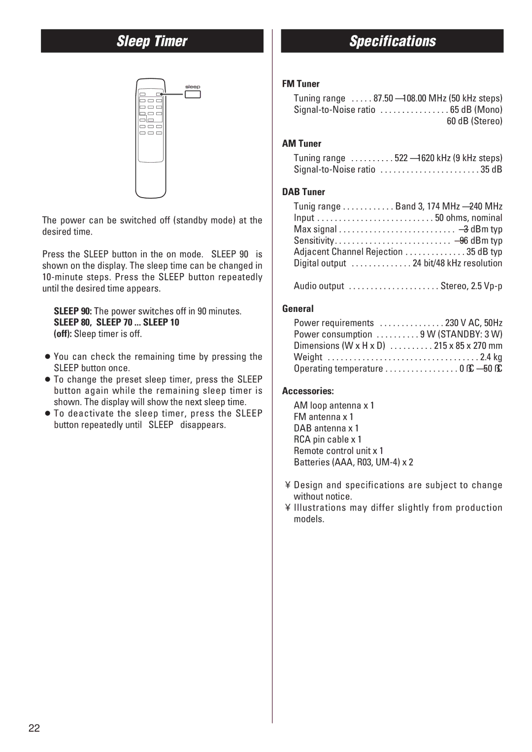 Teac T-H300DAB owner manual Sleep Timer, Specifications 