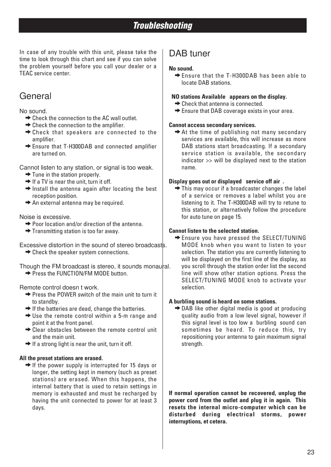 Teac T-H300DAB owner manual Troubleshooting, General, DAB tuner 