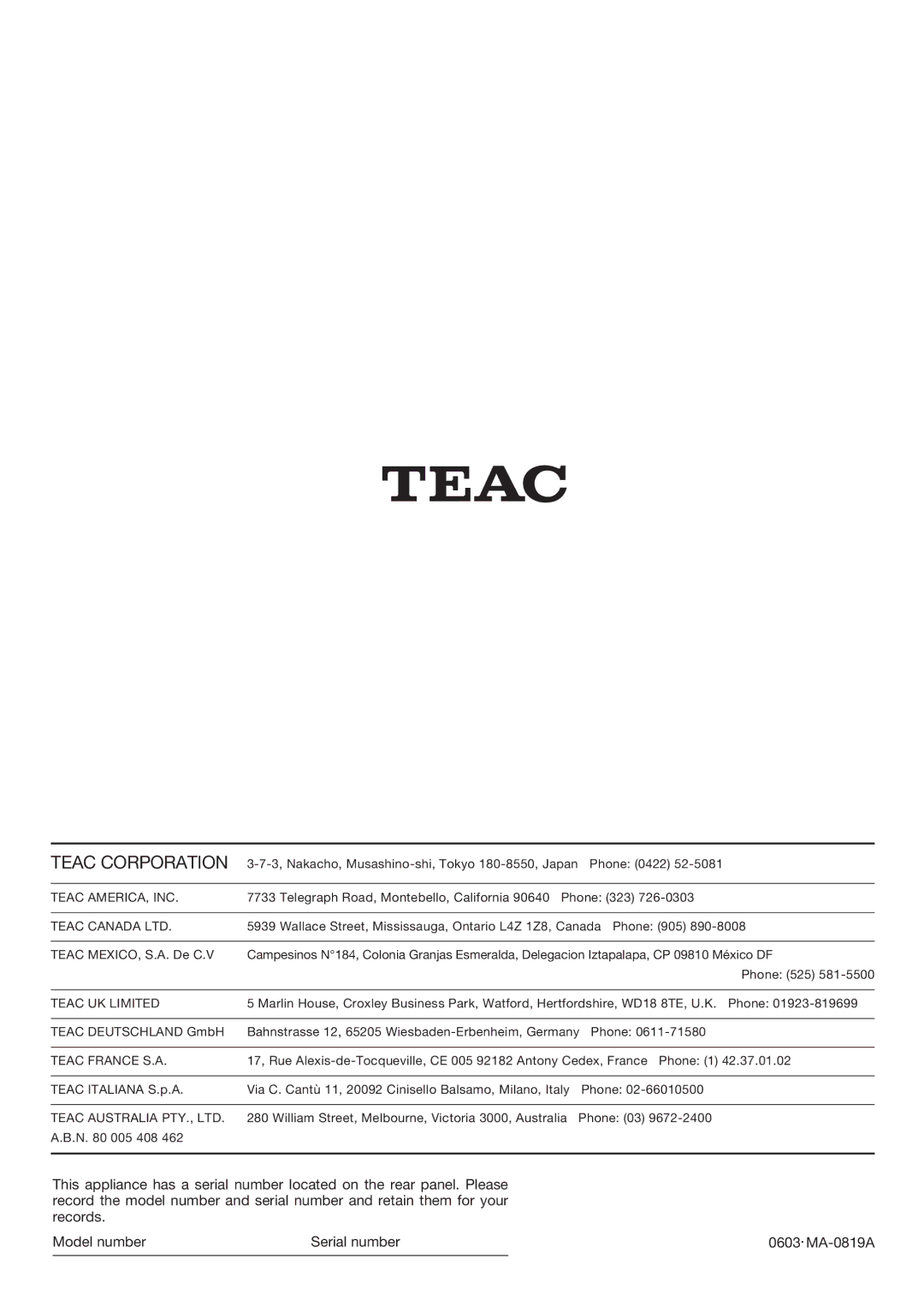 Teac T-H300DAB owner manual Teac Corporation 