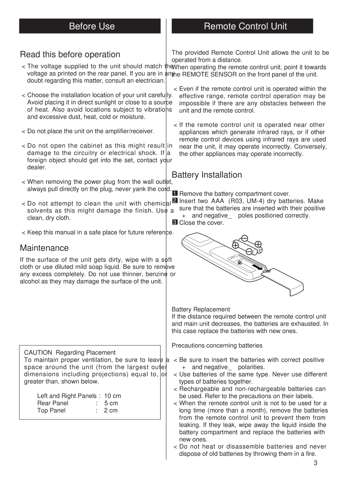 Teac T-H300DAB owner manual Before Use, Remote Control Unit, Read this before operation, Maintenance, Battery Installation 