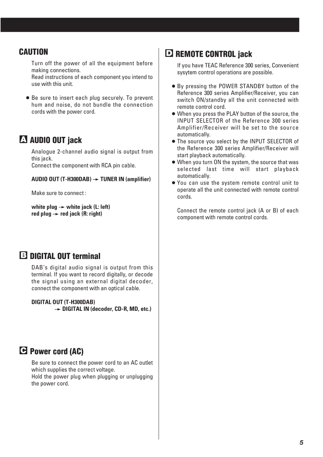 Teac owner manual Audio OUT jack, Digital OUT terminal, Power cord AC, Remote Control jack, Digital OUT T-H300DAB 