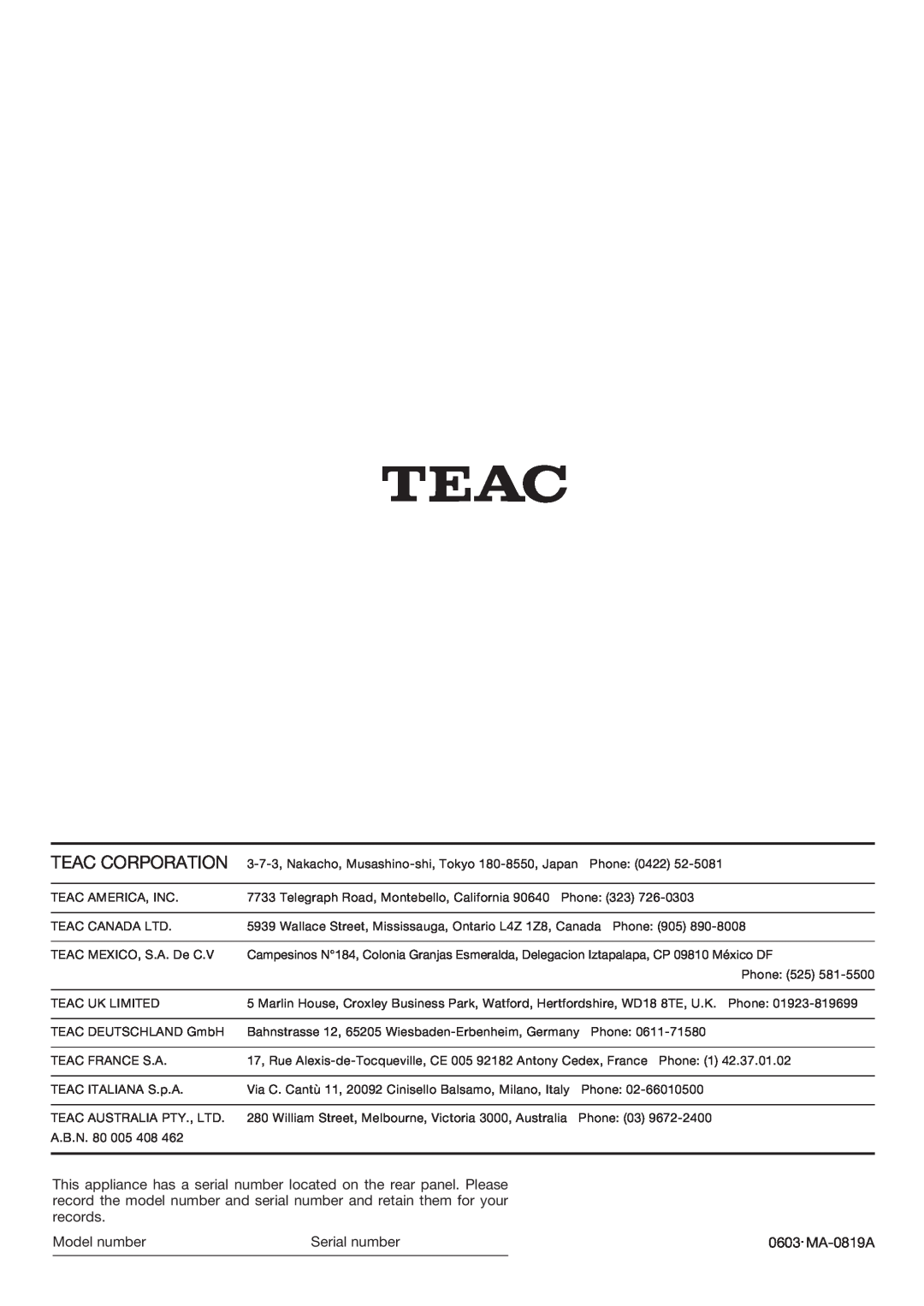 Teac T-H300DAB owner manual Teac Corporation 
