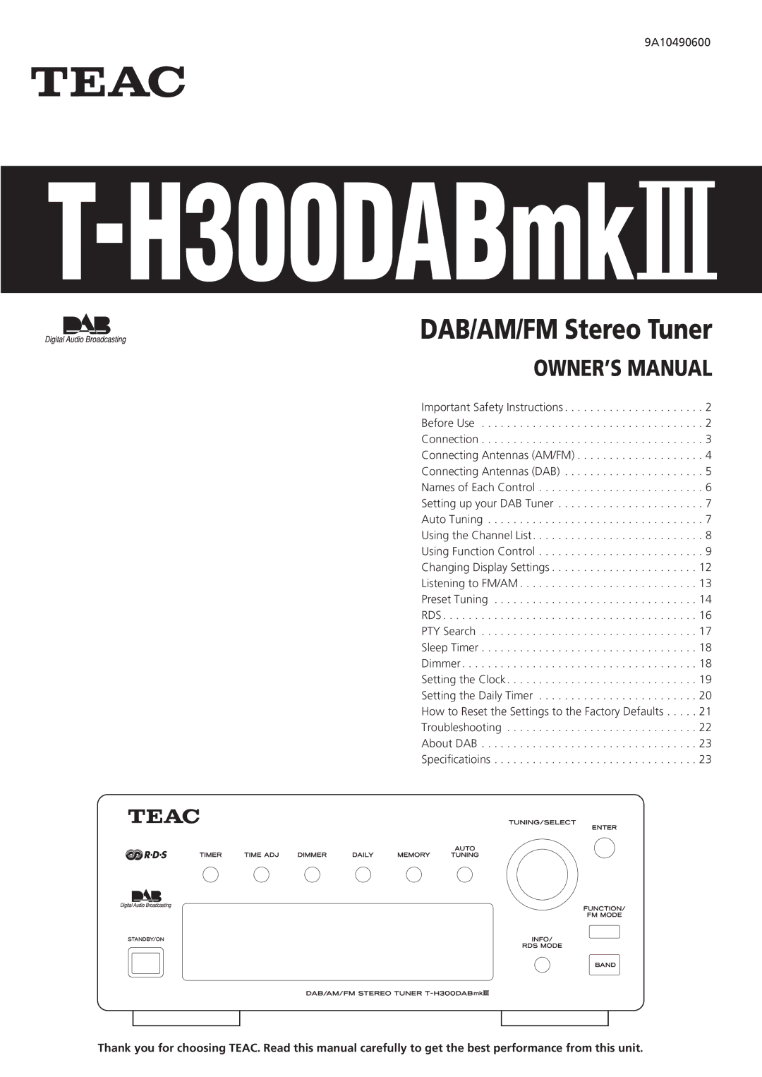 Teac T-H300DABmkIII DAB/AM/FM Stereo Tuner, 9A10490600 owner manual H300DABmk# 