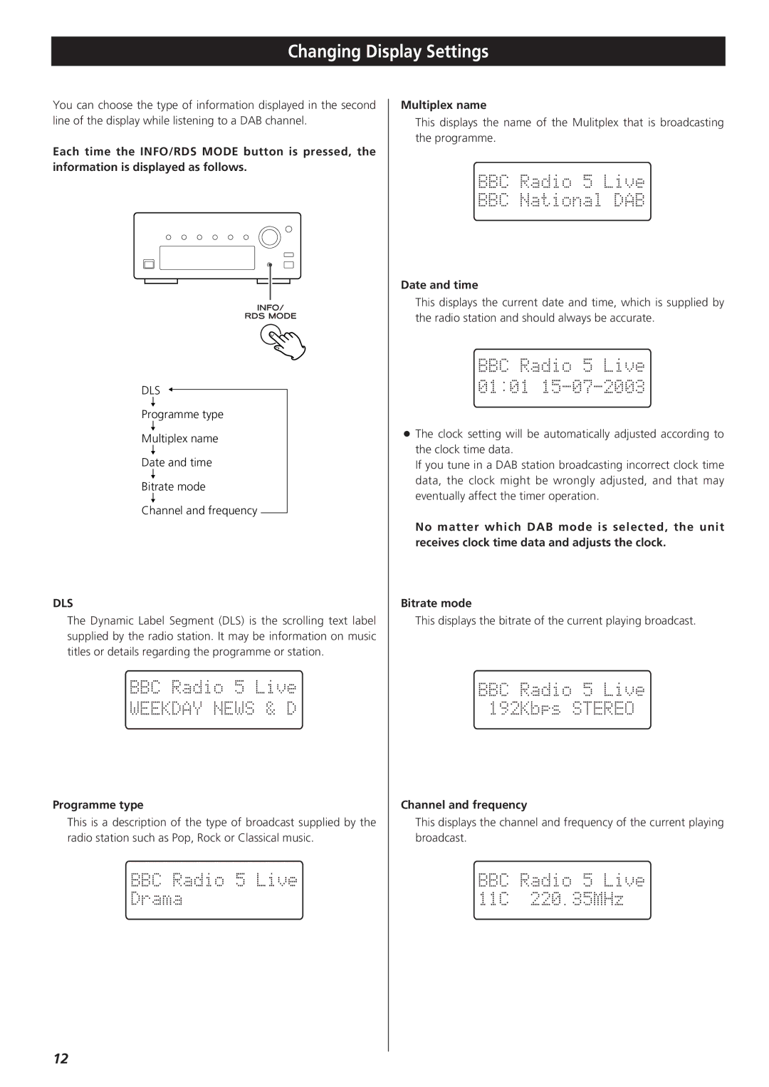 Teac 9A10490600 Changing Display Settings, Programme type, Multiplex name, Date and time, Channel and frequency 