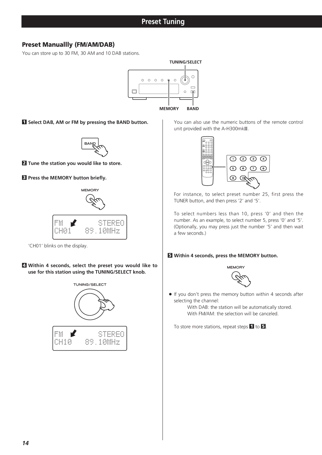 Teac 9A10490600 owner manual Preset Tuning, Preset Manuallly FM/AM/DAB, Within 4 seconds, press the Memory button 