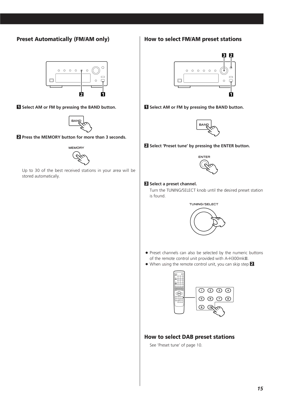 Teac T-H300DABmkIII DAB/AM/FM Stereo Tuner Preset Automatically FM/AM only, How to select FM/AM preset stations 