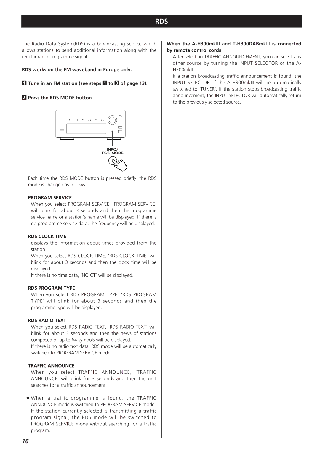 Teac 9A10490600, T-H300DABmkIII DAB/AM/FM Stereo Tuner owner manual Rds 