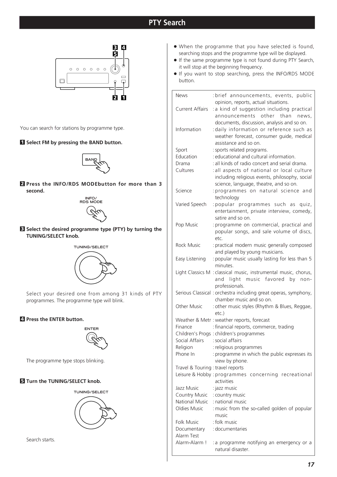 Teac T-H300DABmkIII DAB/AM/FM Stereo Tuner, 9A10490600 owner manual PTY Search, Turn the TUNING/SELECT knob 