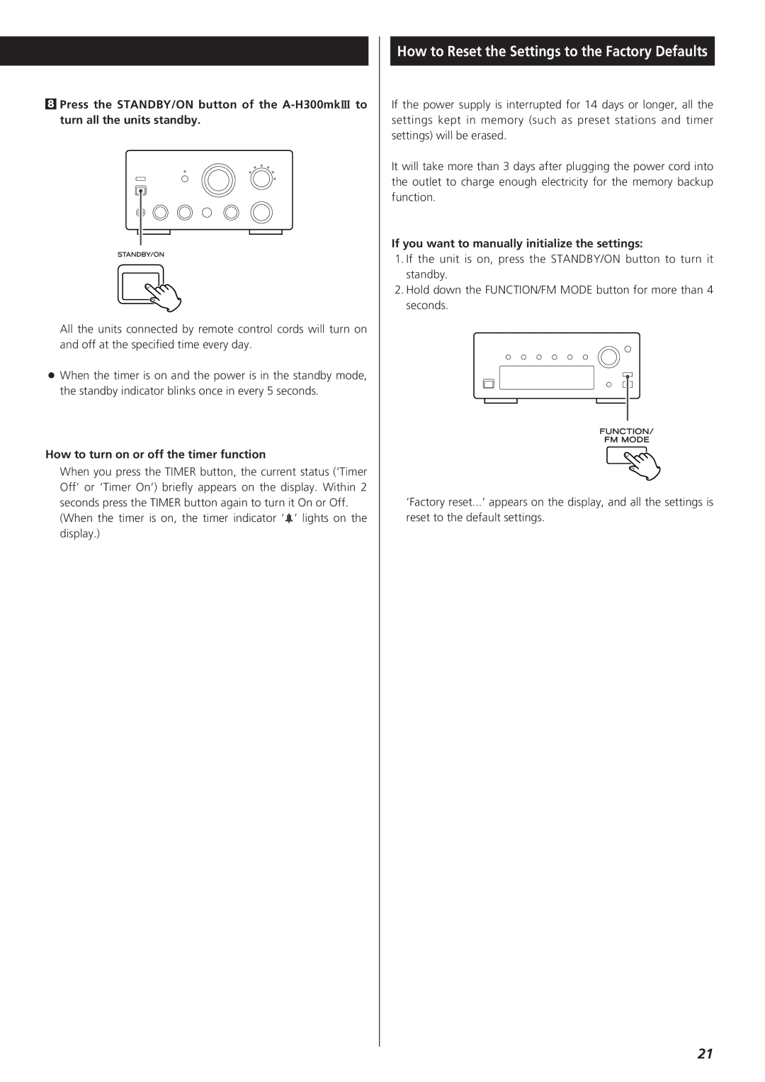 Teac T-H300DABmkIII DAB/AM/FM Stereo Tuner, 9A10490600 owner manual How to turn on or off the timer function 