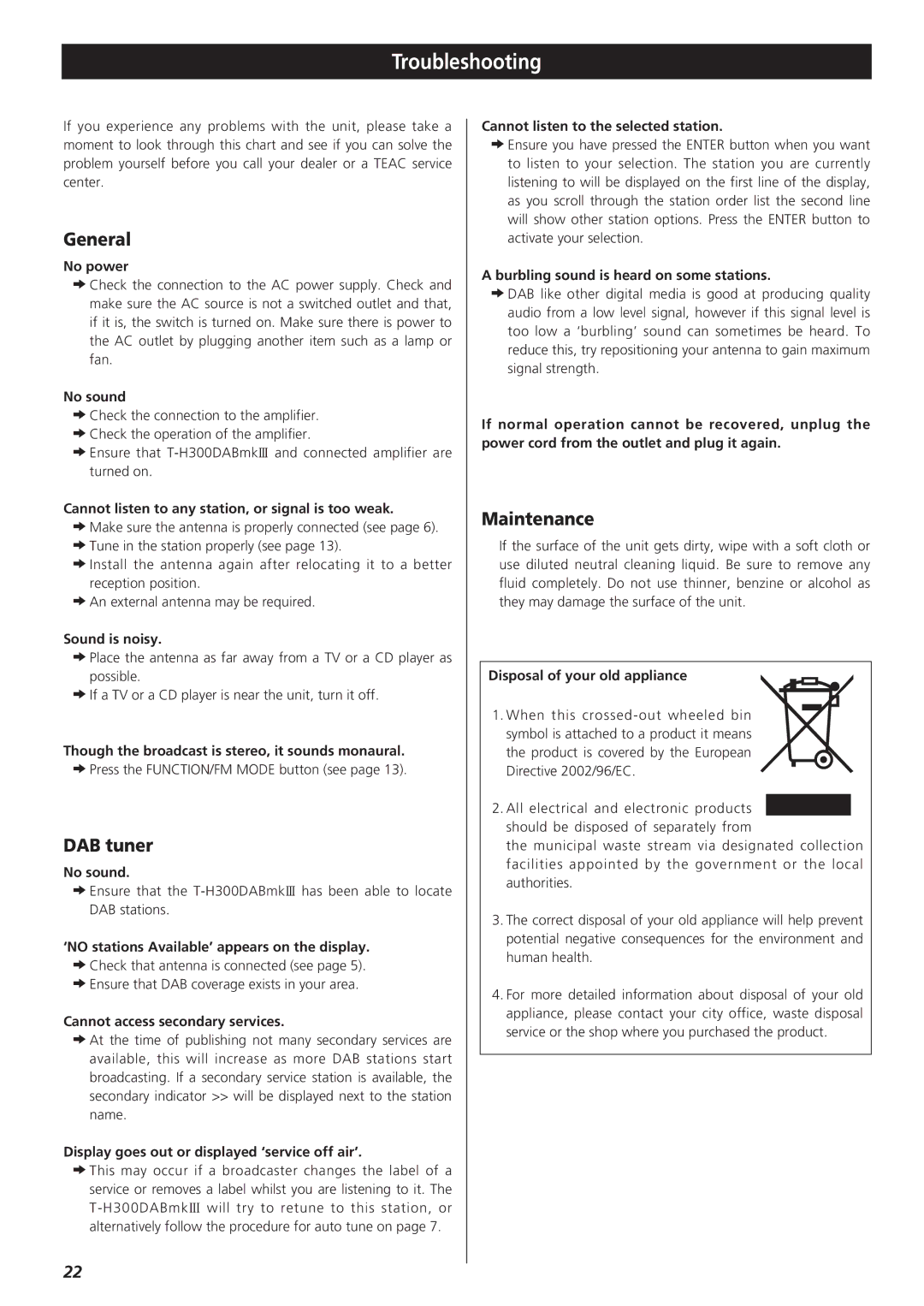 Teac 9A10490600, T-H300DABmkIII DAB/AM/FM Stereo Tuner owner manual Troubleshooting, General, DAB tuner, Maintenance 