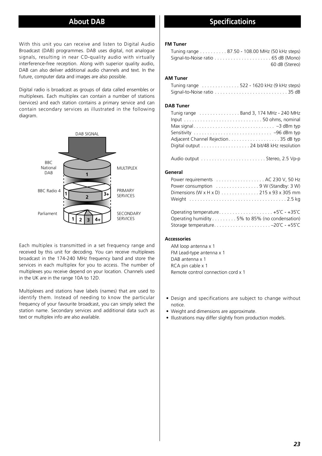 Teac T-H300DABmkIII DAB/AM/FM Stereo Tuner, 9A10490600 owner manual About DAB, Specificatioins 