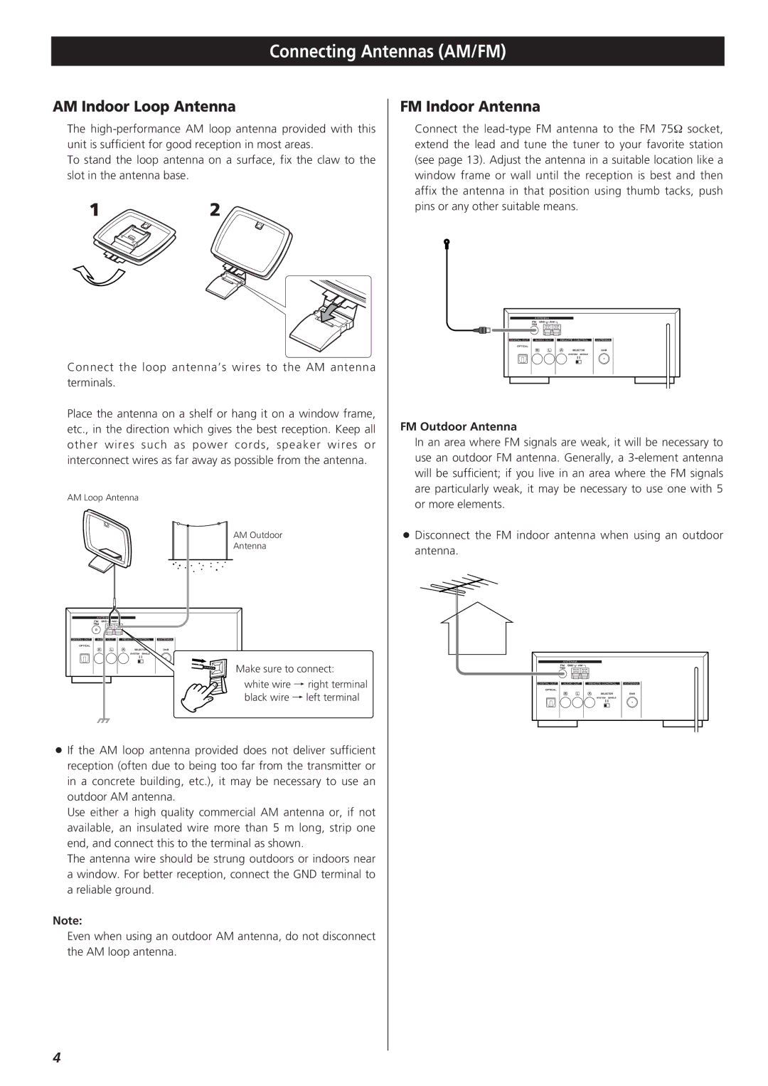 Teac 9A10490600 owner manual Connecting Antennas AM/FM, AM Indoor Loop Antenna, FM Indoor Antenna, FM Outdoor Antenna 