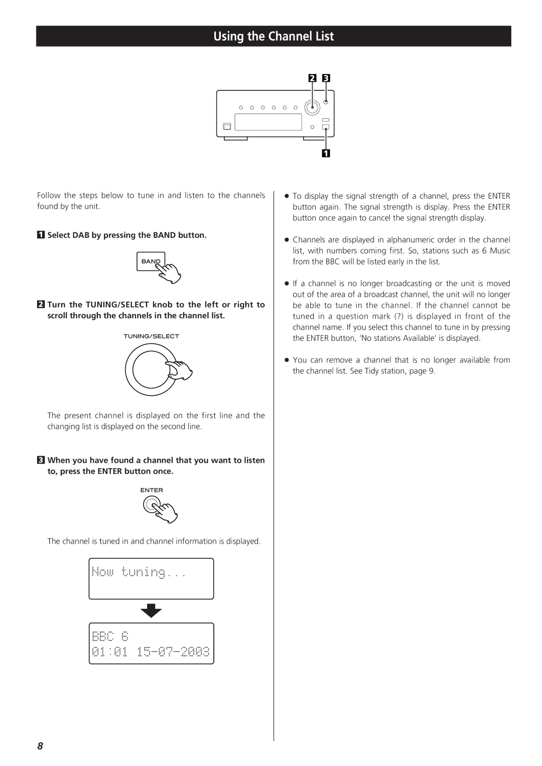 Teac 9A10490600, T-H300DABmkIII DAB/AM/FM Stereo Tuner owner manual Using the Channel List 