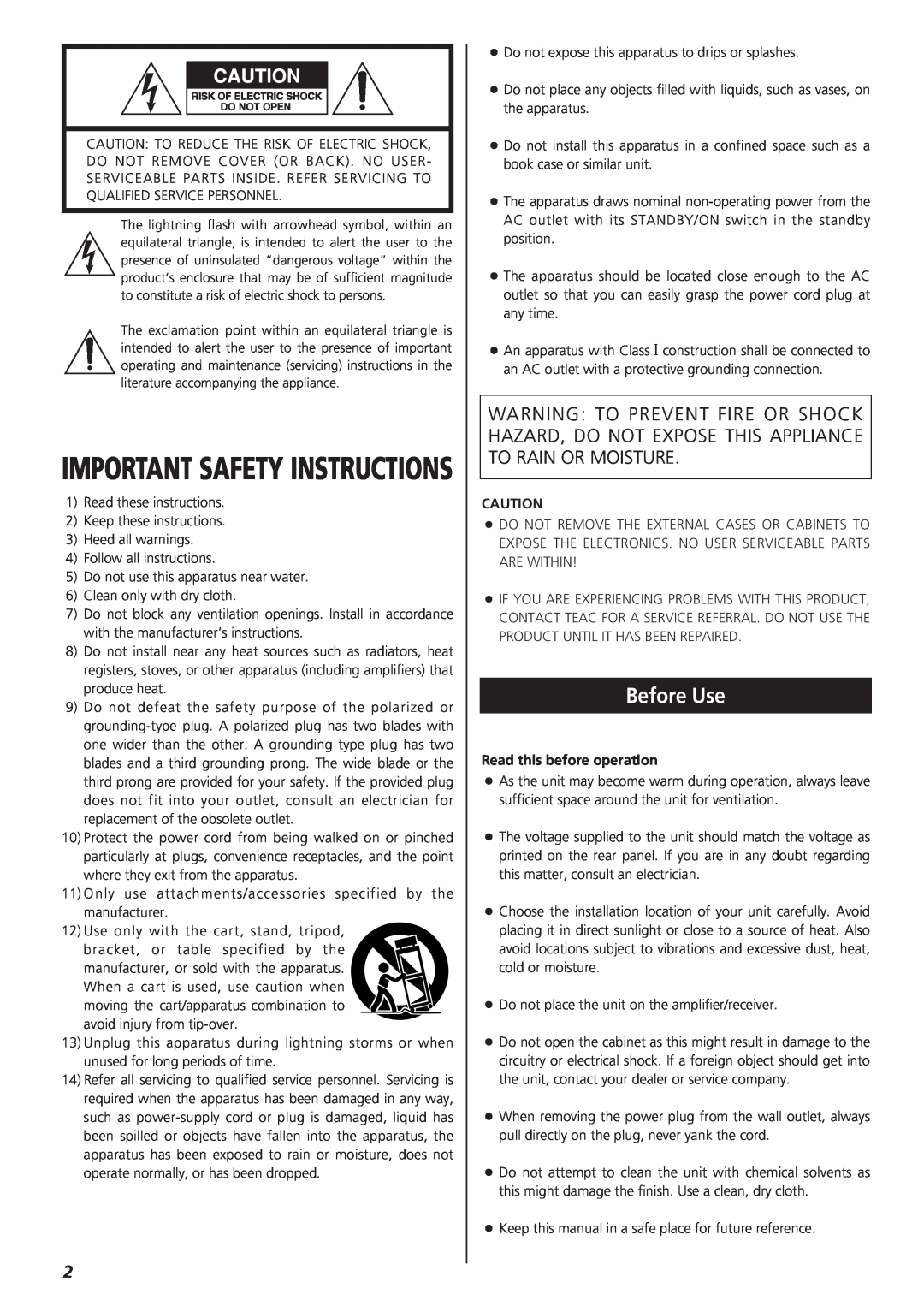 Teac 9A10490600, T-H300DABmkIII DAB/AM/FM Stereo Tuner owner manual Before Use, Important Safety Instructions 