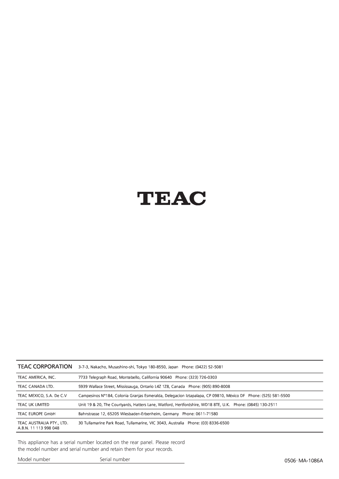 Teac 9A10490600, T-H300DABmkIII DAB/AM/FM Stereo Tuner owner manual Teac Corporation, Model number, Serial number, MA-1086A 