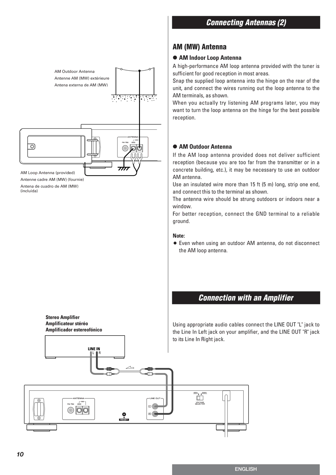 Teac T-R670AM owner manual Connection with an Amplifier, AM MW Antenna, AM Indoor Loop Antenna, AM Outdoor Antenna 