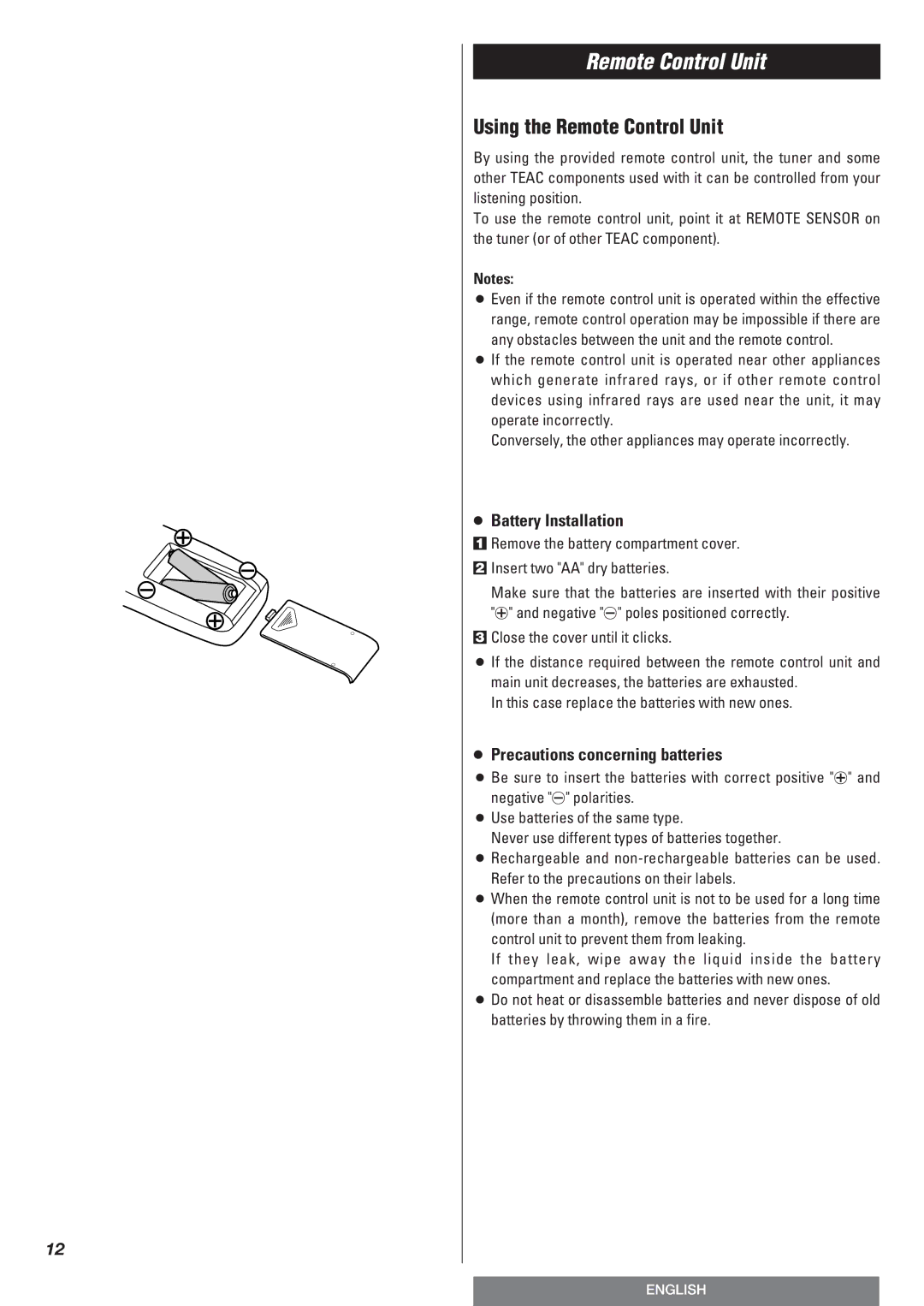 Teac T-R670AM owner manual Using the Remote Control Unit, Battery Installation, Precautions concerning batteries 