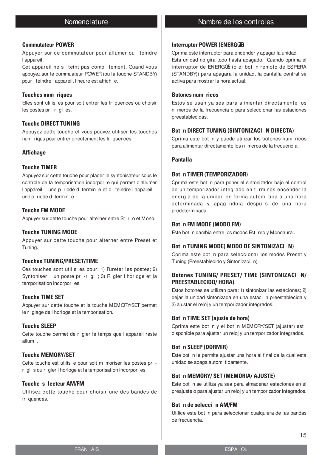 Teac T-R670AM owner manual Nomenclature, Nombre de los controles 