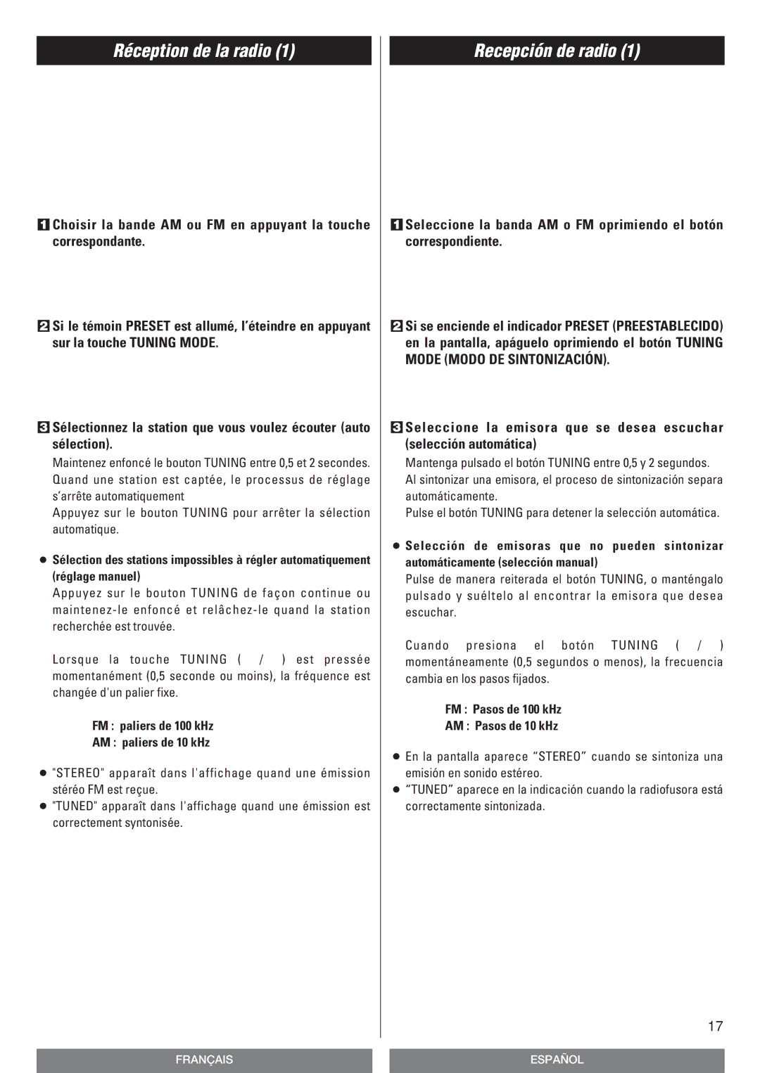 Teac T-R670AM owner manual Réception de la radio, Recepción de radio, FM paliers de 100 kHz AM paliers de 10 kHz 