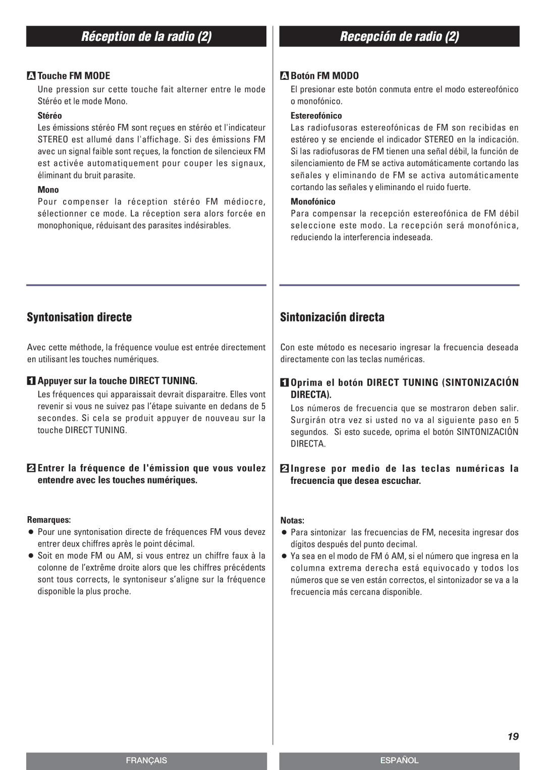 Teac T-R670AM owner manual Syntonisation directe, Sintonización directa, Appuyer sur la touche Direct Tuning, Botón FM Modo 