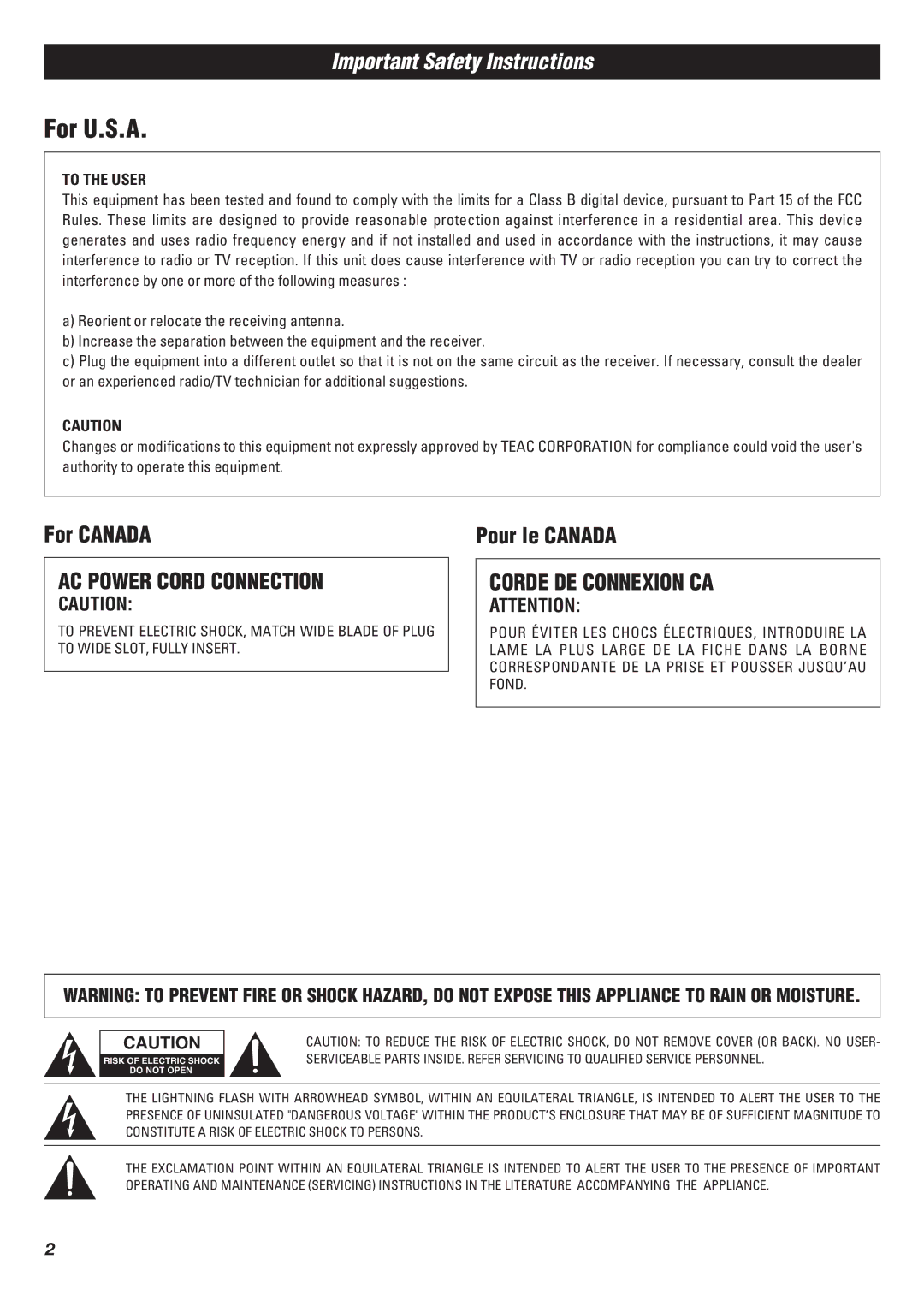 Teac T-R670AM owner manual For U.S.A, Important Safety Instructions 