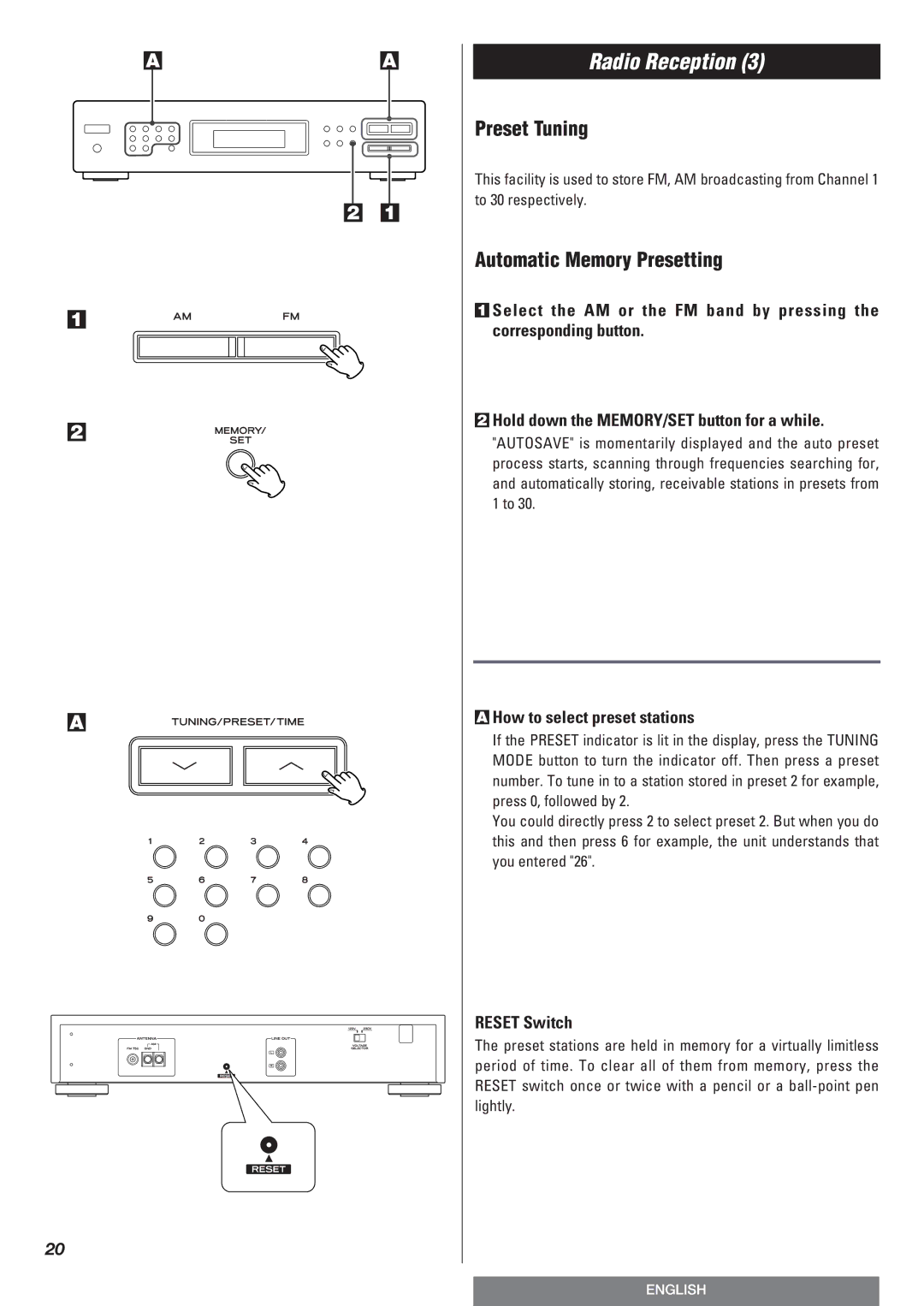 Teac T-R670AM owner manual Preset Tuning, Automatic Memory Presetting, How to select preset stations, Reset Switch 