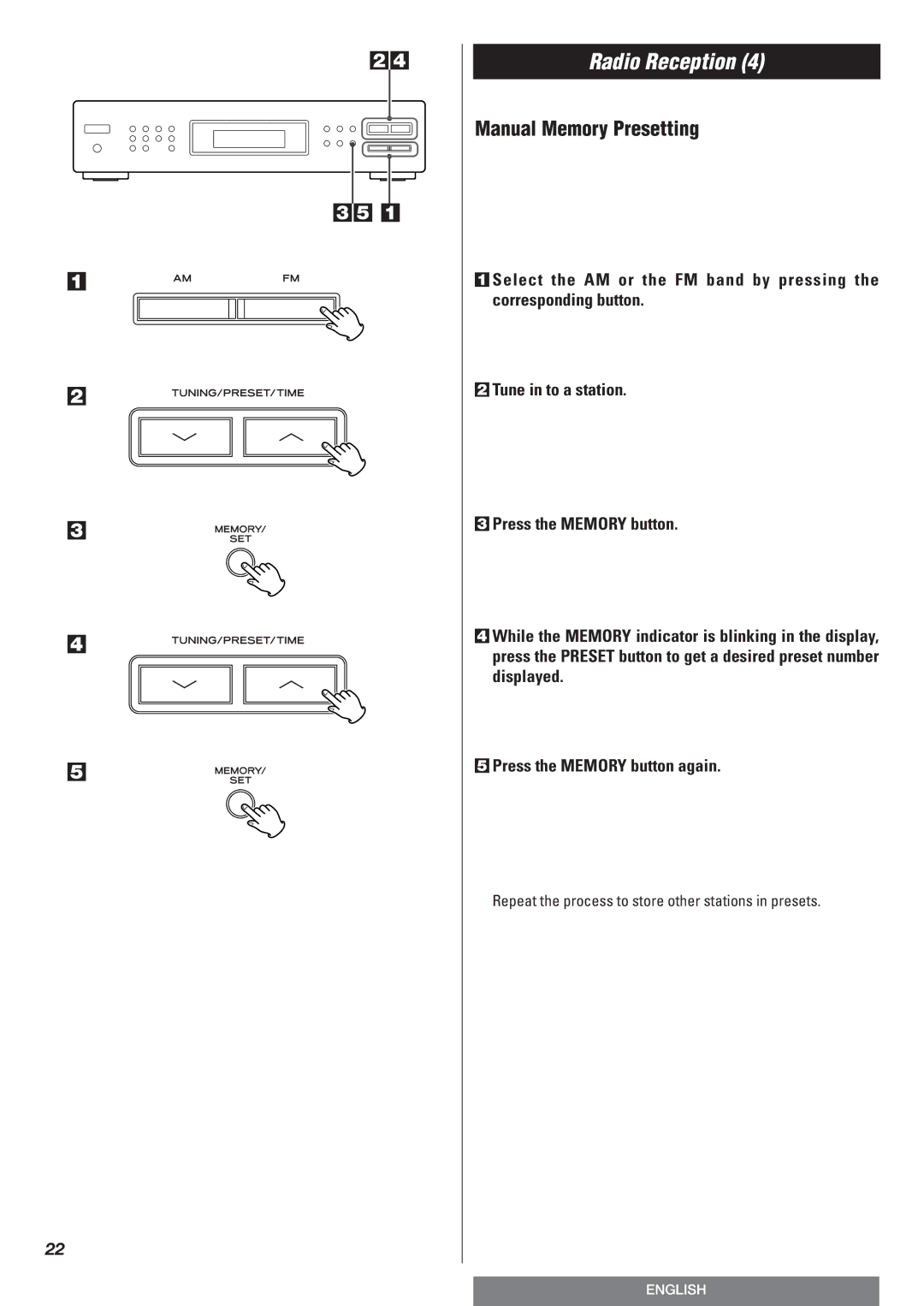 Teac T-R670AM owner manual Manual Memory Presetting 