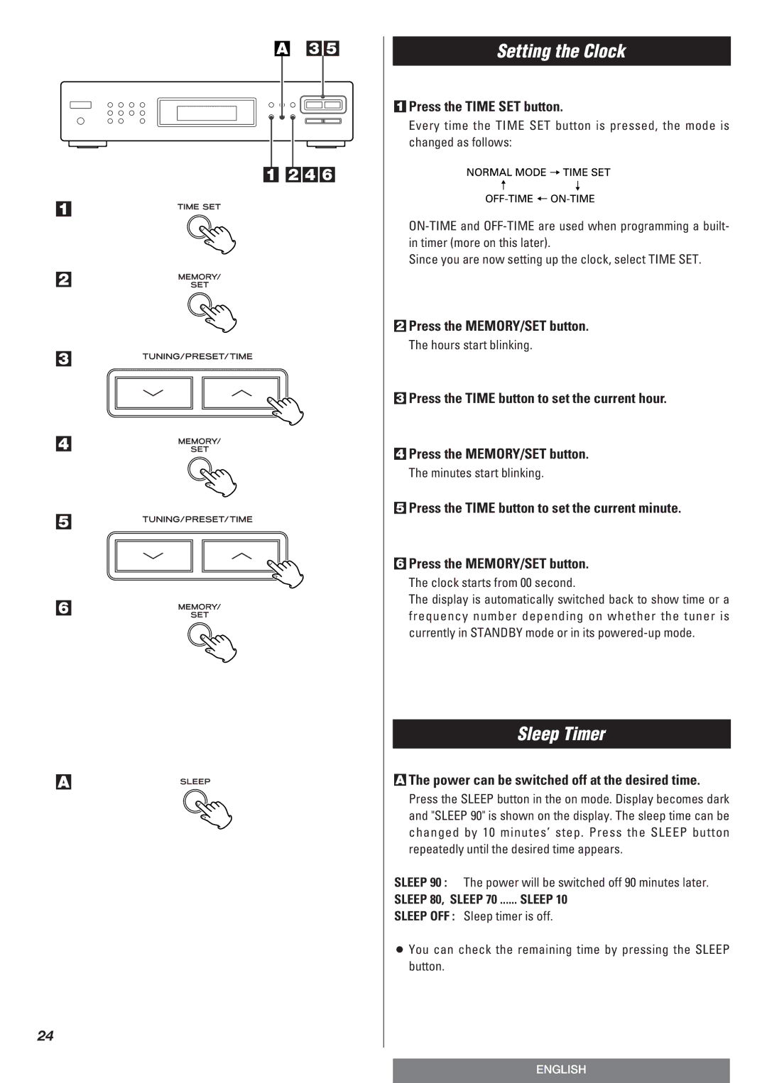 Teac T-R670AM owner manual Setting the Clock, Sleep Timer, Press the Time SET button, Press the MEMORY/SET button 