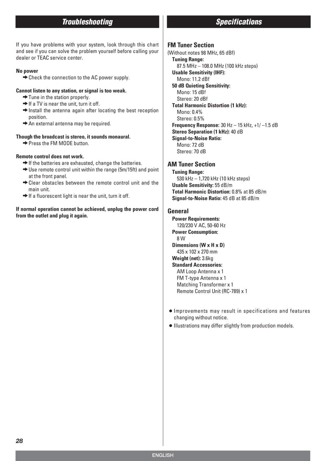 Teac T-R670AM owner manual Troubleshooting, Specifications 