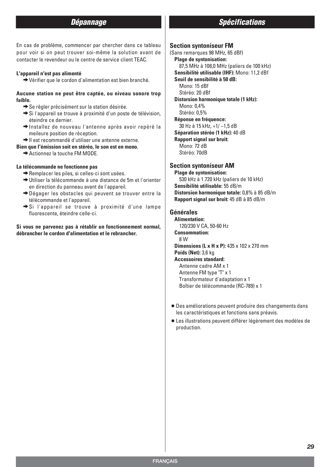 Teac T-R670AM owner manual Dépannage, Spécifications 