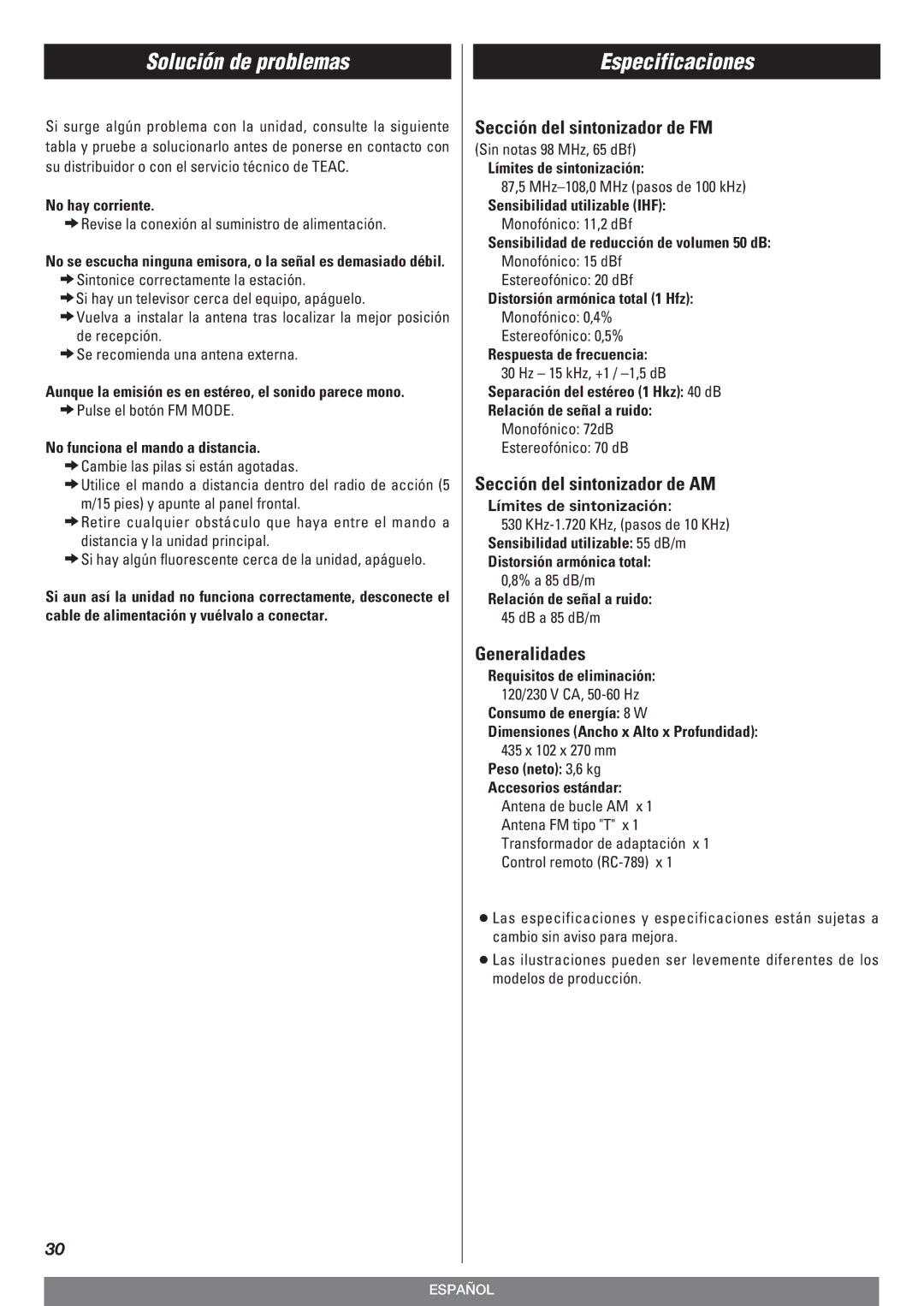 Teac T-R670AM owner manual Solución de problemas, Especificaciones 