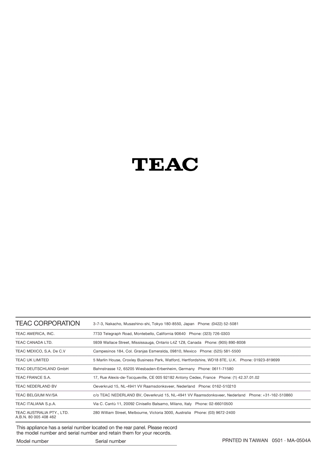 Teac T-R670AM owner manual Teac Corporation 