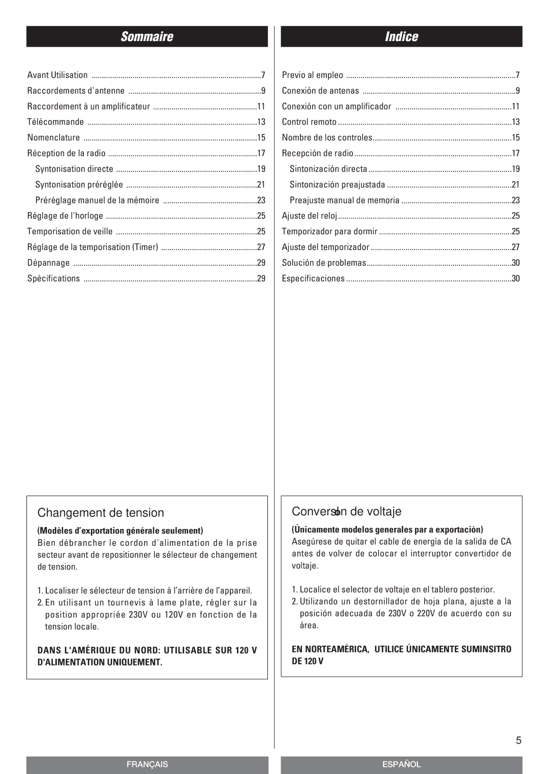 Teac T-R670AM owner manual Sommaire, Indice, Changement de tension, Conversión de voltaje 