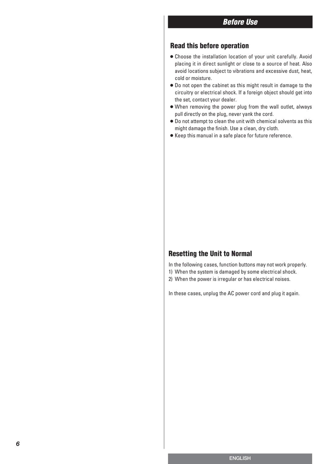 Teac T-R670AM owner manual Before Use, Read this before operation, Resetting the Unit to Normal 