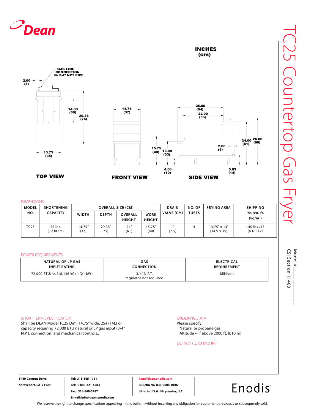 Teac TC25 specifications Dimensions, Power requirements, Short term specification 