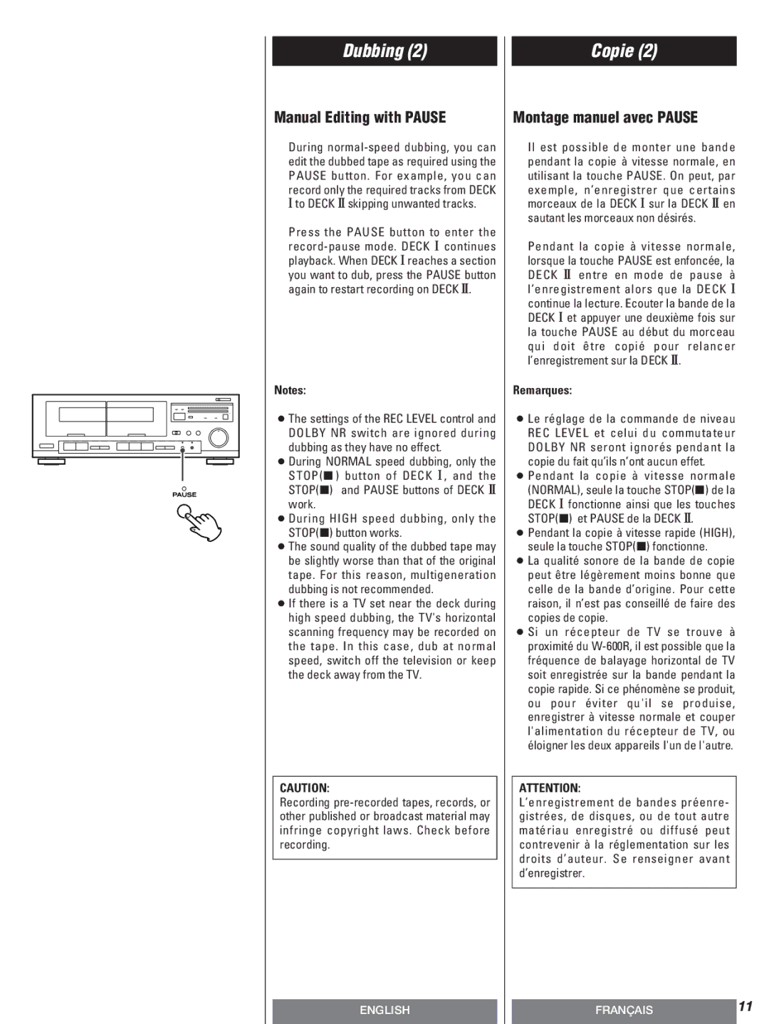 Teac W-600R owner manual Manual Editing with Pause, To Deck @skipping unwanted tracks 