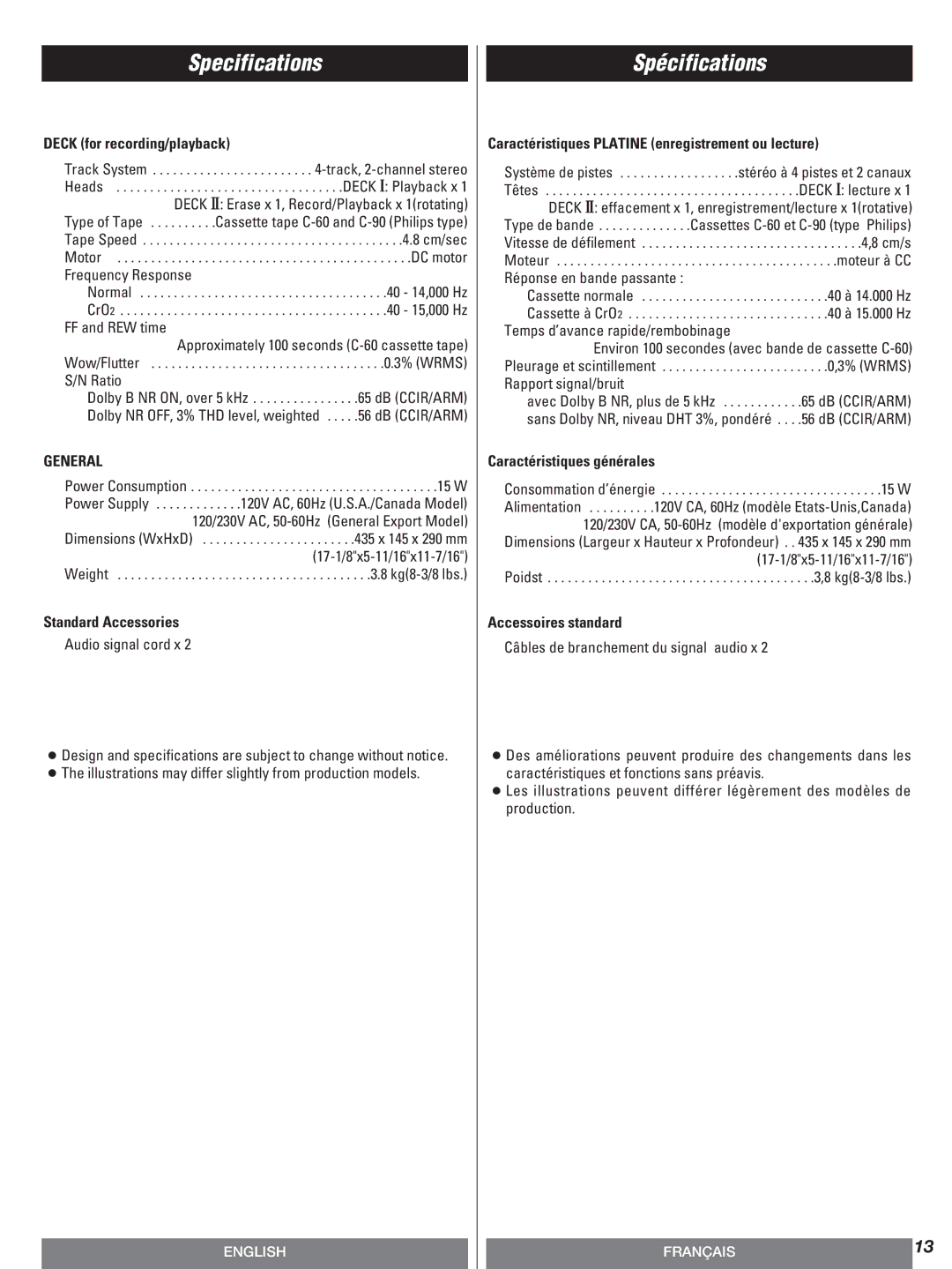 Teac W-600R owner manual Specifications, Spécifications, General 