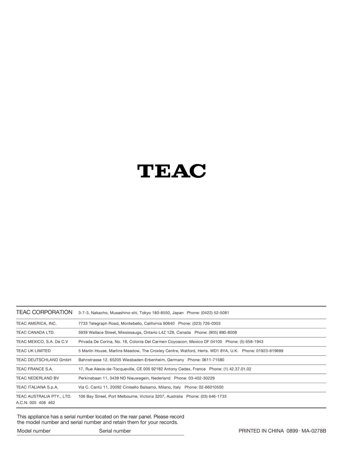 Teac W-600R owner manual Teac Corporation, Teac AMERICA, INC 