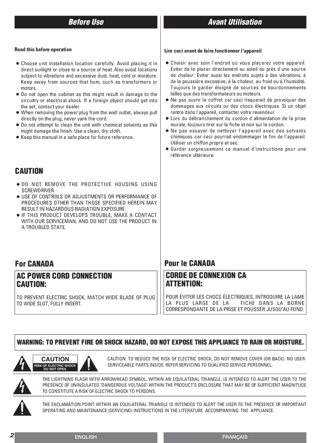 Teac W-600R Before Use, Avant Utilisation, Read this before operation, Lire ceci avant de faire fonctionner lappareil 