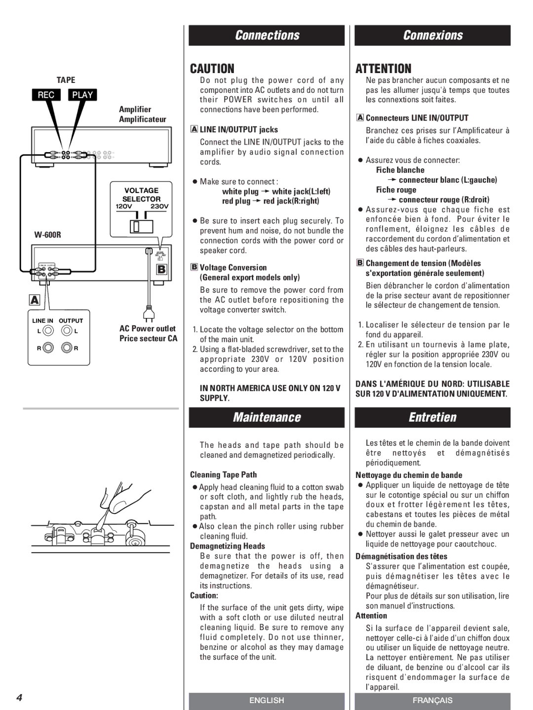 Teac W-600R owner manual Connections, Maintenance, Connexions, Entretien 