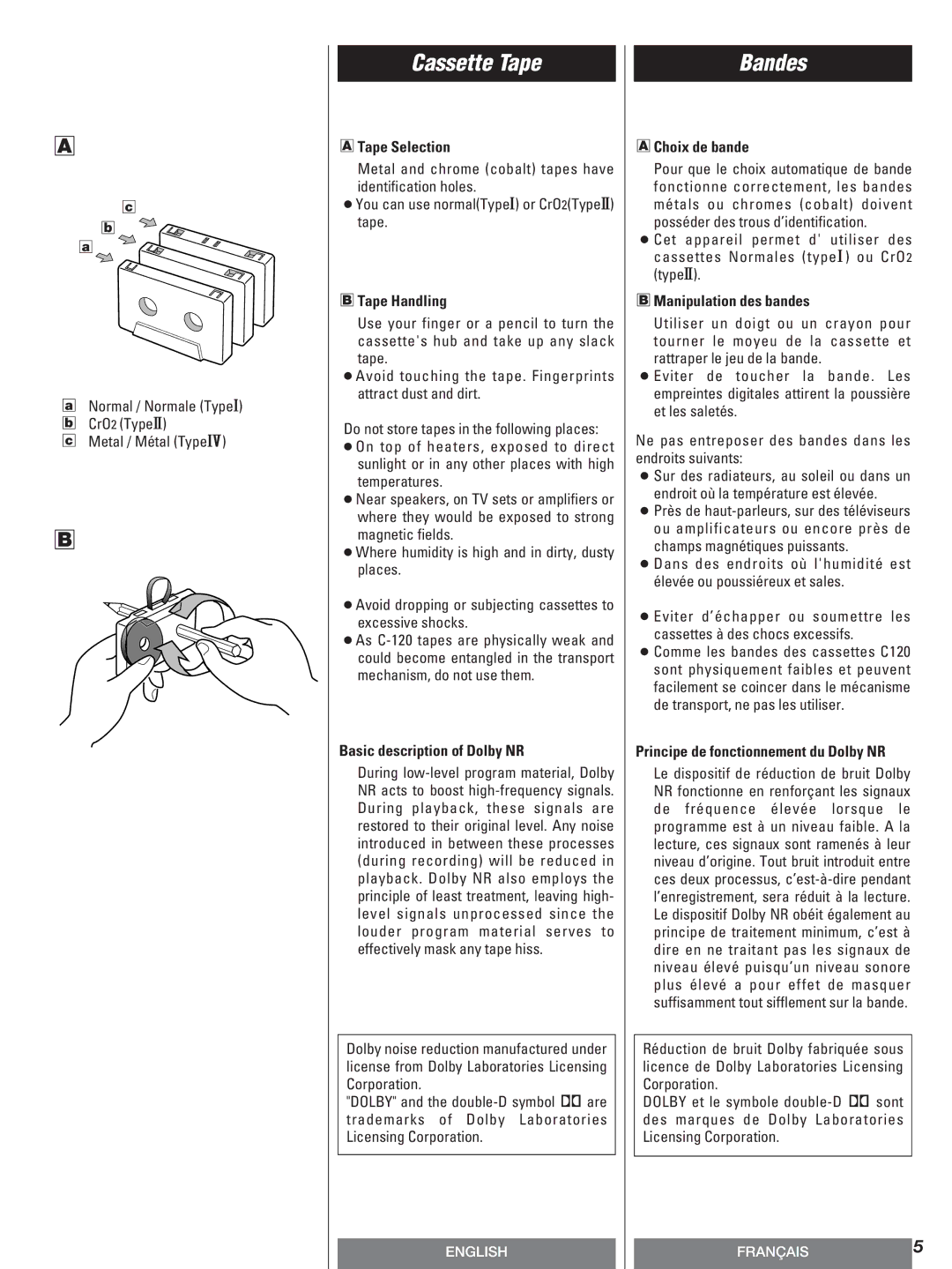 Teac W-600R owner manual Cassette Tape, Bandes 