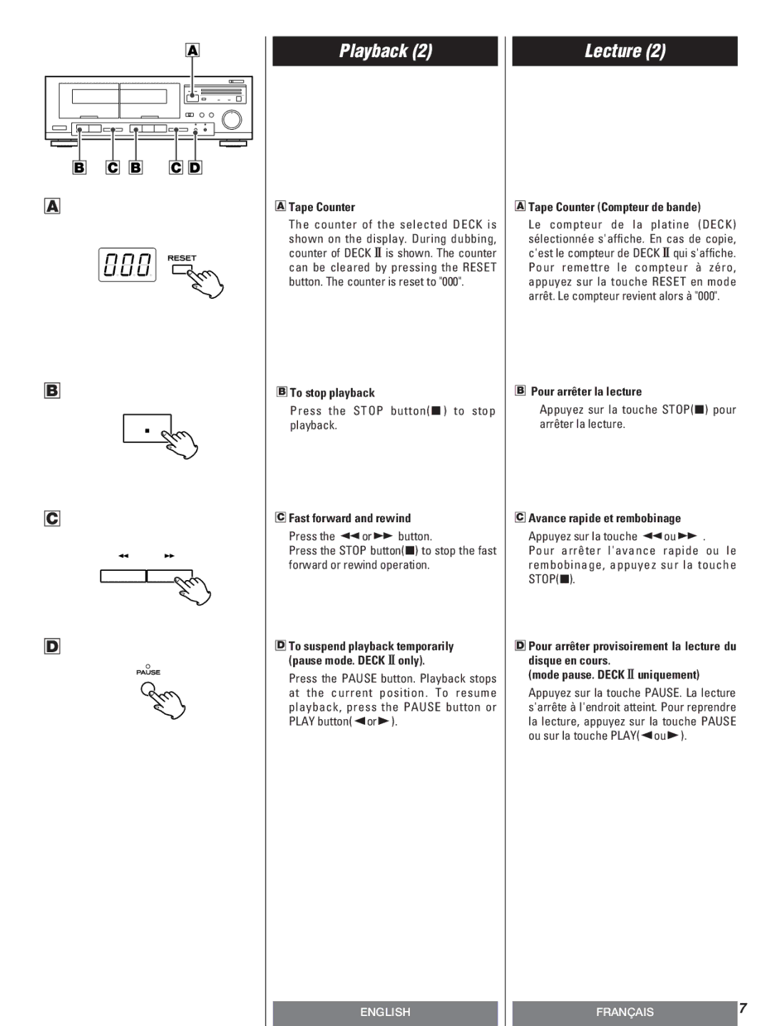 Teac W-600R To stop playback, Fast forward and rewind, Tape Counter Compteur de bande, Pour arrêter la lecture 