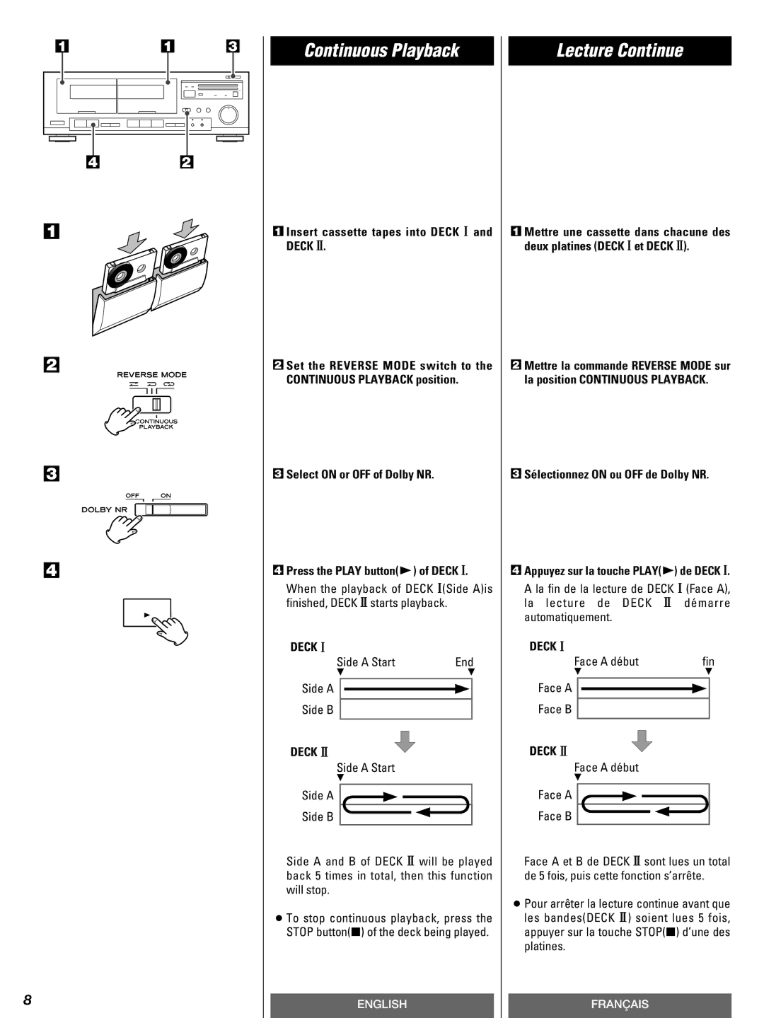 Teac W-600R owner manual Continuous Playback, Lecture Continue, Insert cassette tapes into Deck ! and Deck @ 