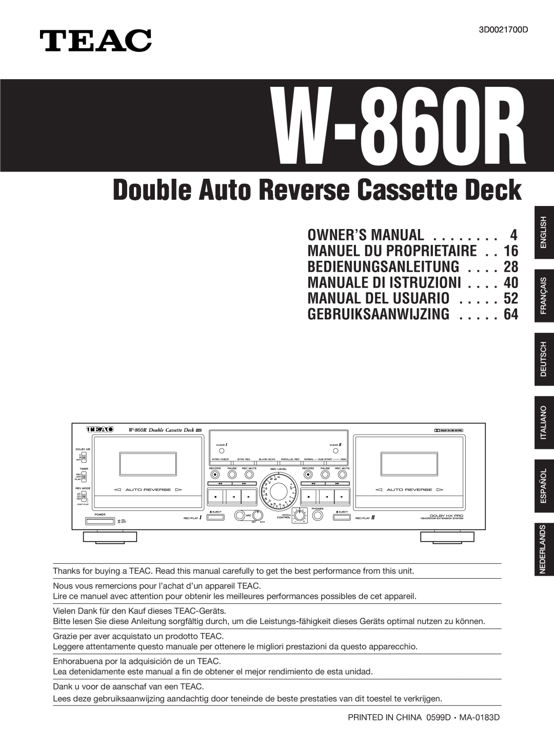 Teac W-860R owner manual Owner’S Manual, Bedienungsanleitung, Manuale Di Istruzioni, Manual Del Usuario 