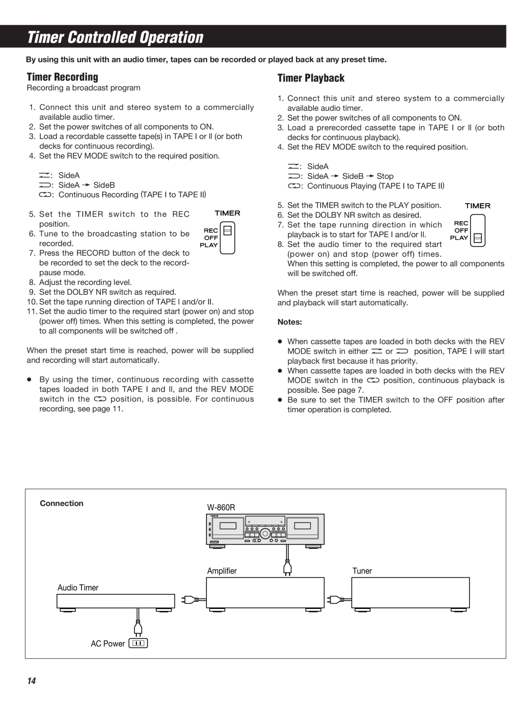 Teac W-860R owner manual Timer Controlled Operation, Timer Recording, Timer Playback 
