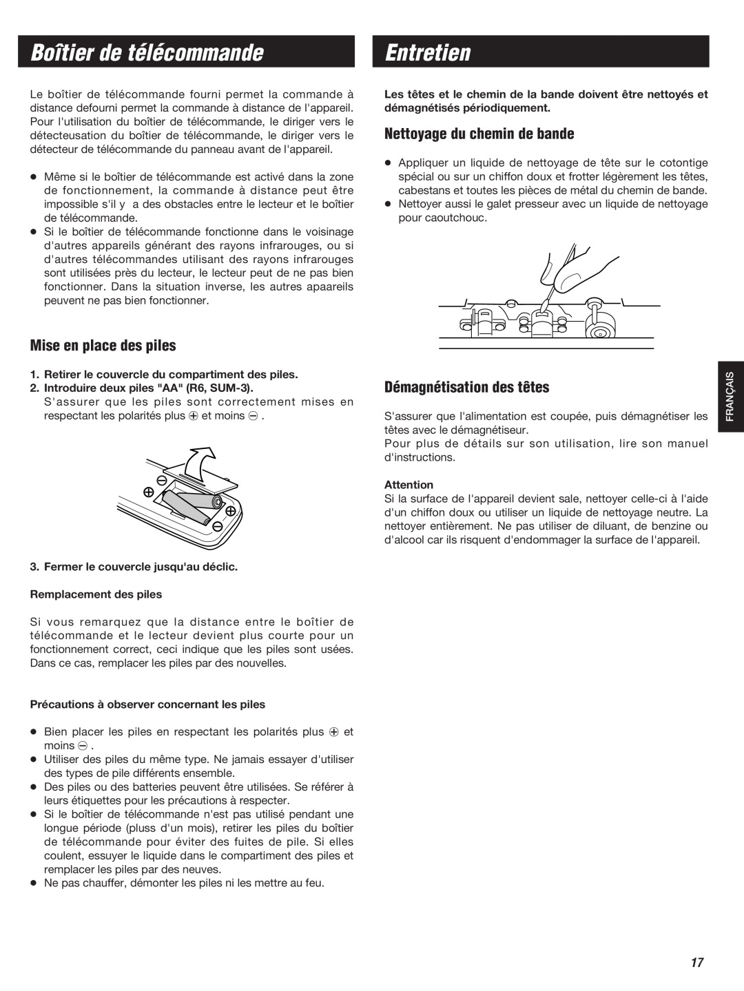 Teac W-860R owner manual Boîtier de télécommande, Entretien, Mise en place des piles, Nettoyage du chemin de bande 