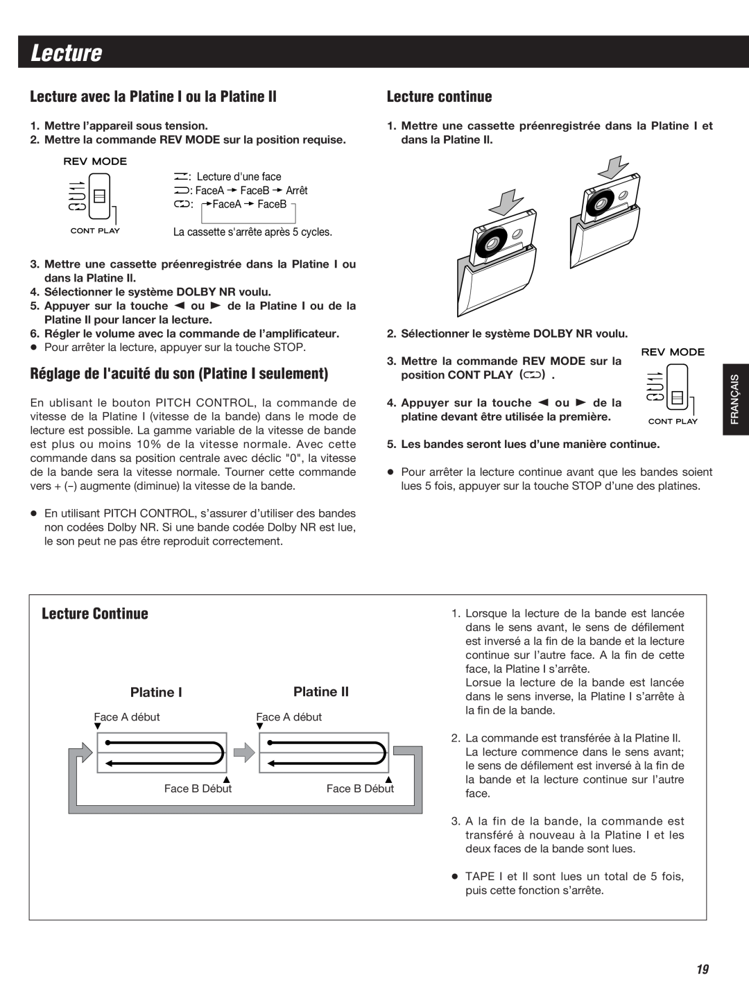 Teac W-860R owner manual Lecture avec la Platine I ou la Platine Il, Réglage de lacuité du son Platine I seulement 