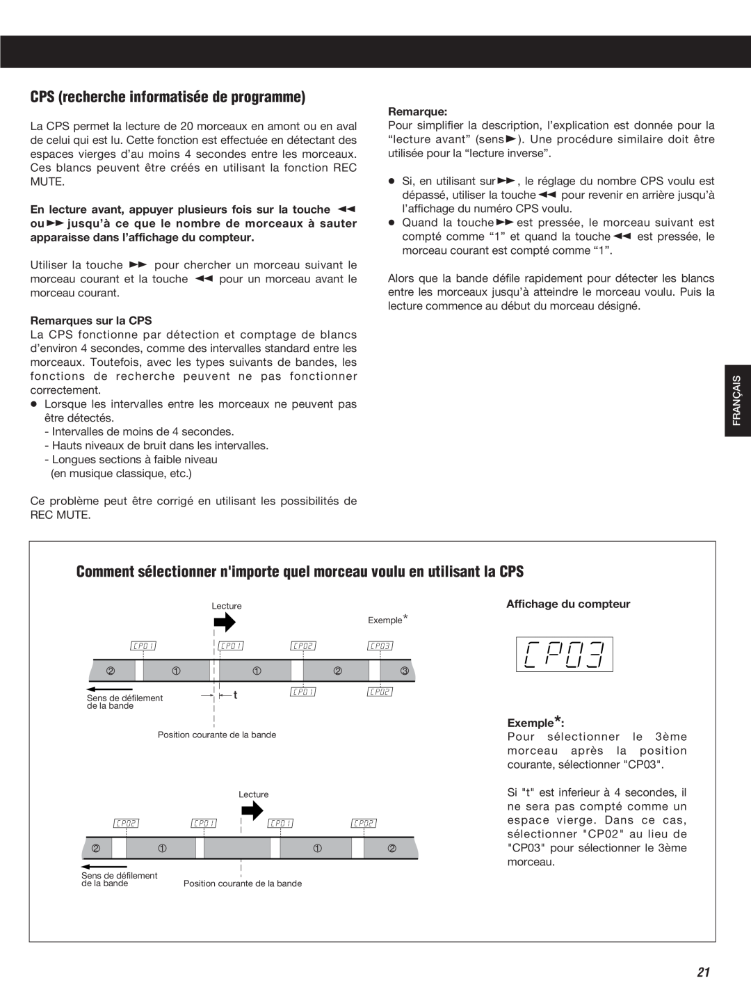 Teac W-860R owner manual CPS recherche informatisée de programme, Remarques sur la CPS, Affichage du compteur Exemple 